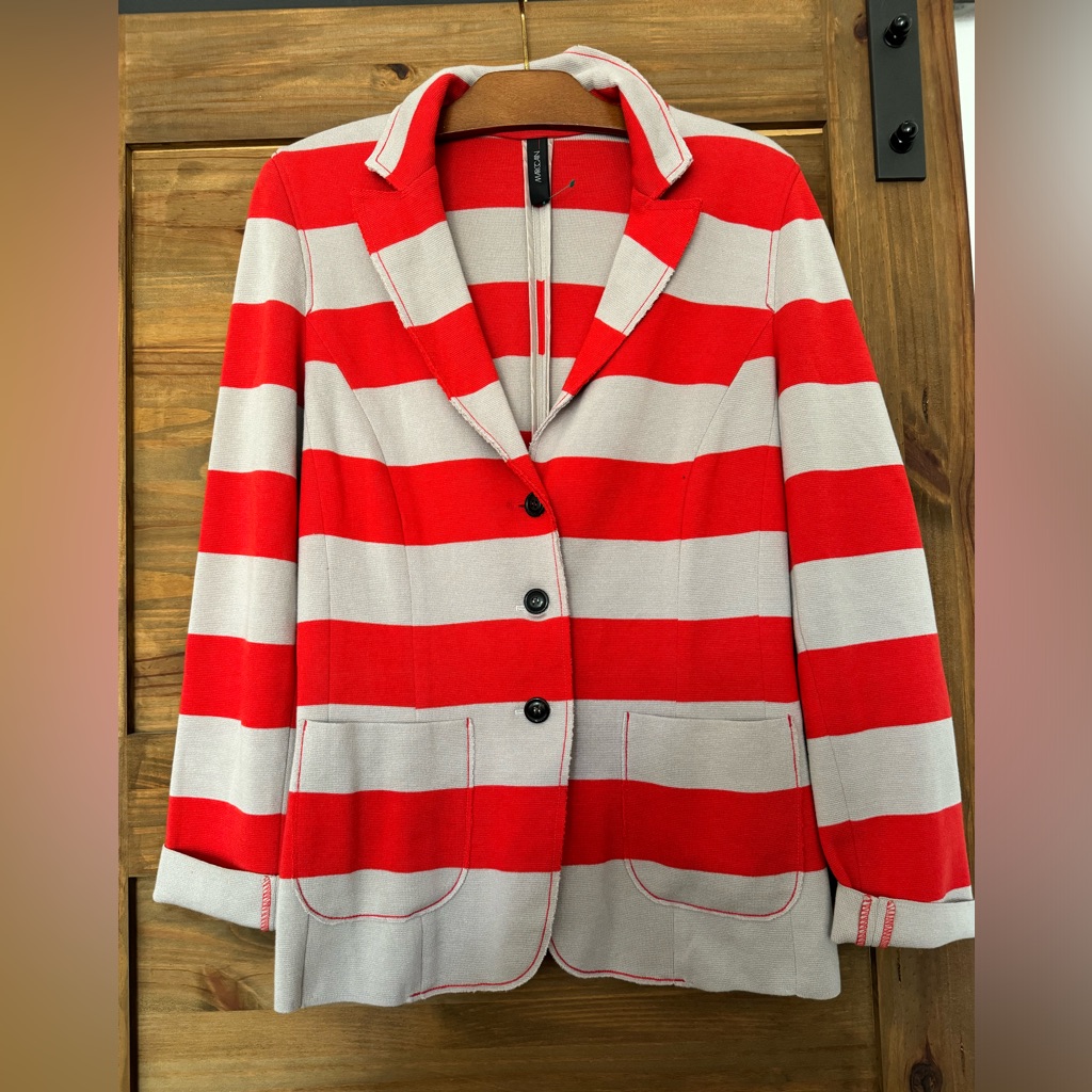 Marc Cain Womens Red White Blazer Jacket Cardigan Cotton Cashmere Size 10
